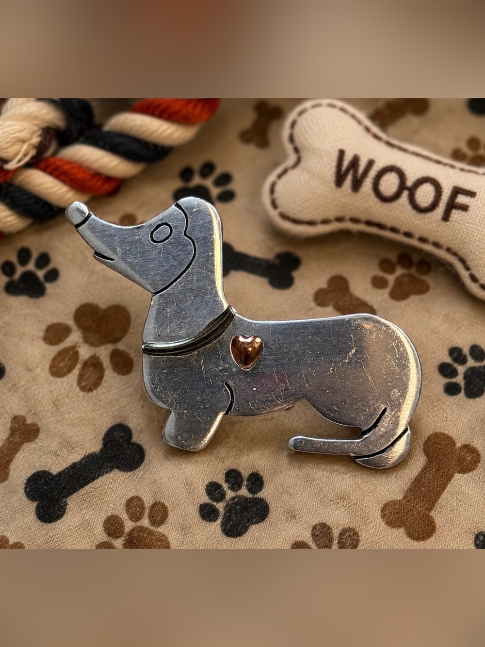 Vintage Silver Tone Dachshund Dog Brooch Pin with Heart Accent